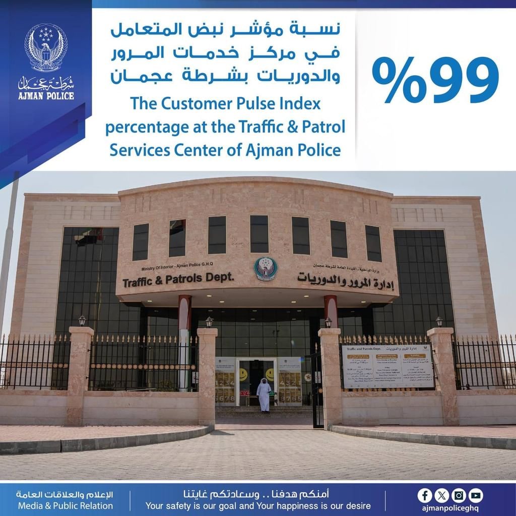 "خدمات المرور والدوريات" بشرطة عجمان يحقق 99% في مؤشر نبض المتعامل