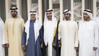 نهيان بن مبارك وخليفة بن طحنون وراشد بن حميد يحضرون حفل استقبال بمناسبة زفاف محمد راشد عمران بن تريم